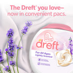 Dreft pacs container with lavender sprigs on fabric backdrop and headline text promoting convenient pacs
