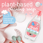 Graphic showing Dreft bottle over a pink background with text 'plant-based cleaning soap' and baby feeding items.