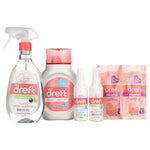 Studio product lineup showing Dreft laundry stain remover, Stage 1 detergent, cleaners and two Dreft blissful scent booster pouches.