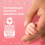 Close-up of an adult hand holding a baby’s hand with a Safer Choice logo and text about dermatologist testing.