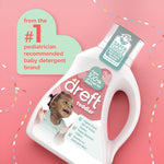 Angled Dreft toddler detergent bottle on a pink background with a Safe Choice badge and product benefits callouts.