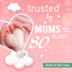 Pink promotional panel reading 'trusted by moms for over 80 years' with heart-shaped baby-foot photo and Dreft label.