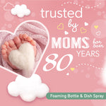 Pink promotional panel with baby feet in a heart frame and text ‘trusted by moms for over 80 years’ for Dreft foaming spray.