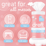 Promotional graphic of Dreft wipes tub with icons for high chairs, toys, tables and crib rails and phrase 'great for all messes'