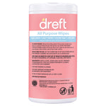 Rear view of Dreft All Purpose Wipes tub showing usage directions, ingredients and safety information on pink label