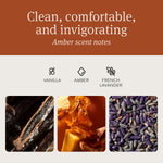 Amber scent notes panel for Drift with icons for vanilla, amber and French lavender and close-up photos of each ingredient.