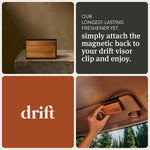 Four-panel Drift graphic showing the wooden freshener, installation note, brand logo, and in-car use photo