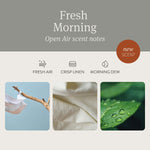 Informational panel titled 'Fresh Morning Open Air scent notes' with icons and three images suggesting fresh air, linen, and dew