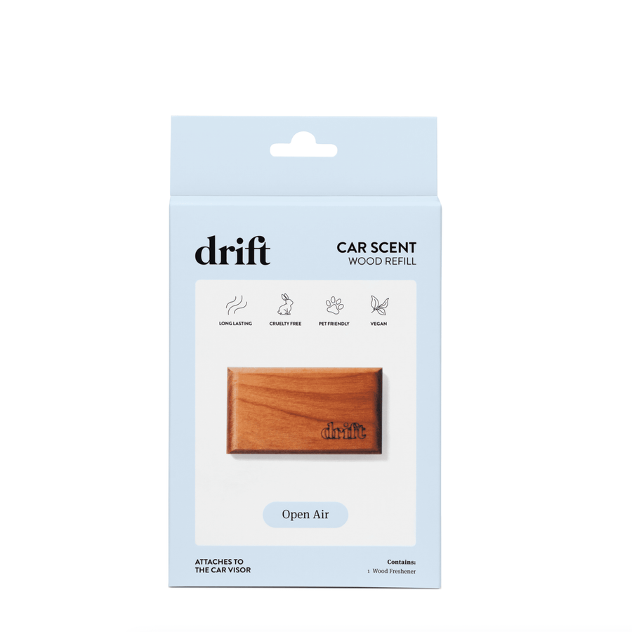 Light blue retail box for Drift car scent wood refill showing a wooden block and label 'Open Air' on white background