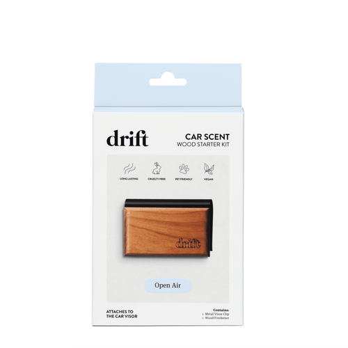 Packaged Drift wood car scent starter kit in white box with product window and 'Open Air' label