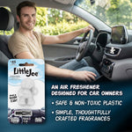Smiling driver in a car interior with Little Joe air freshener product card inset at lower left