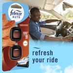 Lifestyle image of driver with large Febreze AUTO sandalwood package art and refresh your ride headline