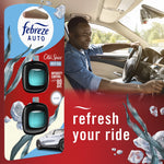 Lifestyle image of a driver in a car next to Febreze AUTO Old Spice Deep Sea twin pack packaging and the headline 'refresh your ride'