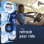 Lifestyle graphic showing a driver in a car beside Febreze Auto Platinum Ice packaging and the text 'refresh your ride'