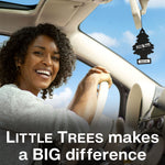 Smiling driver with a Little Trees tree-shaped air freshener hanging from the rearview mirror