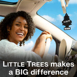 driver smiling in a car with a little trees black ice air freshener hanging from the mirror
