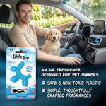 Man driving with a golden retriever puppy in the passenger seat and a Little Pup blue vent-clip air freshener graphic and packaging callouts.