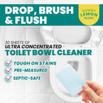 Hand holding a dissolvable sheet over a toilet with text highlighting ‘Drop, Brush & Flush’ and product benefits