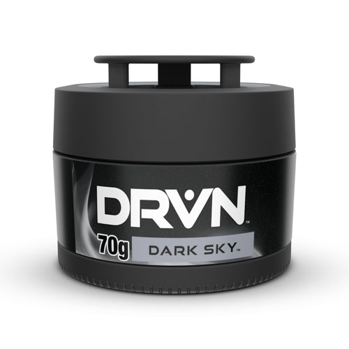 Close-up studio photo of a black DRVN gel can air freshener labeled 'Dark Sky' with 70g on the front.