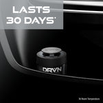 'Lasts 30 days' promotional image showing a DRVN gel can placed inside a car interior shelf against a dark background.