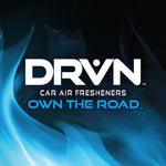DRVN brand logo on a dark smoky blue background with the tagline ‘OWN THE ROAD’