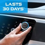 hand installing a blue and black drvn mini vent clip air freshener on a car air vent with overlay text reading lasts 30 days