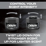 Instructional graphic showing two DRVN gel cans with arrows and text explaining how twisting the lid controls scent intensity.