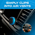 DRVN blue vent clip shown clipped to a car vent with text ‘SIMPLY CLIPS INTO AIR VENTS’ and inset assembly image