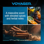 Graphic panel describing the Voyager scent with citrus, spices and herbal notes alongside ingredient imagery