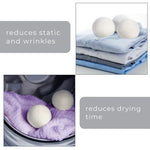 Infographic-style layout showing wool dryer balls reducing static and drying time with product photos