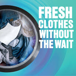 Top-down view of dryer drum with clothes and a single dryer towelette alongside bold text about fresh clothes