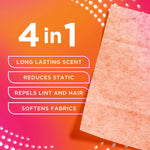 Close-up of a textured dryer sheet with text listing '4 in 1' benefits on a pink-orange background
