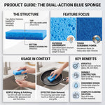Informational infographic titled 'Product Guide: The Dual-Action Blue Sponge' showing structure, benefits and usage.