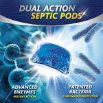 Close-up stylized pod surrounded by molecular graphics and bacteria visuals labeled Dual Action Septic Pods