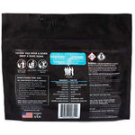 Back of a Dude Bombs product pouch with usage icons, directions, ingredients panel and barcode