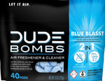 Close crop of Dude Bombs Blue Blasst packaging showing branding, 2-in-1 badge and descriptive panel