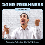 Promotional panel with a man celebrating in a tiled bathroom and headline claiming 24hr freshness for DUDE WIPES unscented wipes