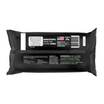 Rear view of a black DUDE Wipes package showing directions, ingredients panel, barcode, and US flag label