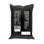 Back of a black Dude Wipes resealable travel pack showing directions, ingredients, barcode and product information.