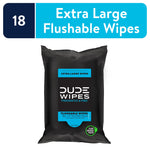 Black resealable pack of Dude Wipes fragrance free extra large flushable wipes with blue label and plant-sourced fibers badge