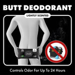 Graphic of a stylized mannequin torso holding a DUDE Wipes pack at the waist with 'Butt Deodorant' headline and icon.