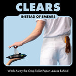 Promotional graphic showing a person with a soiled pocket and a hand offering DUDE WIPES packaging to clean smears