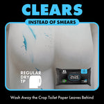 Graphic showing wiped-clean surface versus smears with a DUDE Wipes packet and messaging about clearing instead of smearing