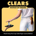 Lifestyle graphic showing a person with soiled pants and a hand offering a DUDE Wipes pack against yellow background