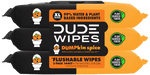 Three-pack stacked DUDE WIPES DUMPkin spice flushable wipe pouches with orange and black packaging.