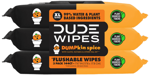 Three-pack stacked DUDE WIPES DUMPkin spice flushable wipe pouches with orange and black packaging.