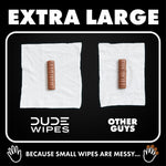 Two white cloths with chocolate-bar-shaped objects placed on each, comparing 'DUDE WIPES' and 'OTHER GUYS' under 'EXTRA LARGE'
