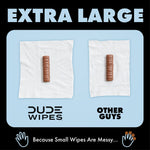 Comparison graphic showing two wipes each with a chocolate bar to illustrate 'Extra Large' size with DUDE WIPES branding on left