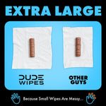 Infographic comparing two unfolded wipes with candy bars to illustrate extra large size, DUDE Wipes branding