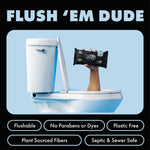 Advertising image of a toilet with a raised lid and an arm holding a pack of DUDE WIPES above the bowl with product features below